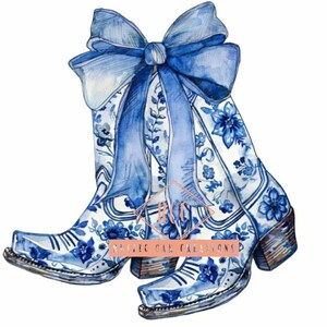 May include: Watercolor illustration of cowboy boots with a blue and white floral pattern, topped with a large blue bow. The boots have a square toe and a brown heel. The text "Rustic Oak Creations" is visible.