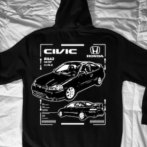 May include: Black hoodie with a white graphic of a Honda Civic. The design includes car schematics, the Honda logo, and the text "CIVIC", "B16A2", "160 HP", and "111 lb-ft". The hoodie has a hood and a front pocket.