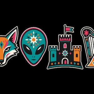 May include: A set of four colorful stickers featuring a stylized fox head, an alien face with a star pattern, a castle with a flag, and a harp. Each graphic uses a palette of teal, orange, pink, and white outlines against a solid black background.