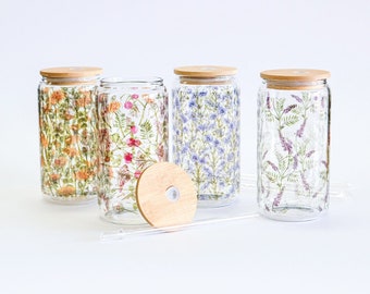 Floral Glass Tumbler Cups with Lid & Straw