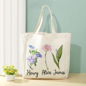 Personalized Birth Month Flower Canvas Tote Bag - Custom Names, Large 15&quot;x15&quot; Tote for Mother&#39;s Day, Bridal Party Gifts, Birthdays & More!