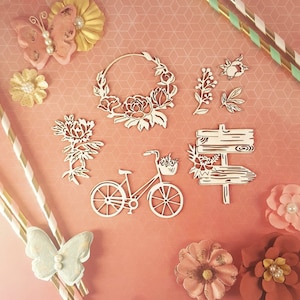 Tablero aglomerado, Tablero aglomerado cortado con láser, Troqueles de tablero aglomerado, Tablero cortado con láser, Forma de tablero aglomerado, Estado de ánimo floral, Flores, Bicicleta, Bicicleta, Corona de flores