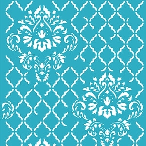 May include: A turquoise blue stencil with a white damask pattern and a white trellis pattern. The stencil is designed for crafting and decorating.