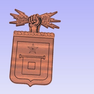 May include: A wooden cutout of a shield with a star and a square inside. A fist holding lightning bolts is above the shield.