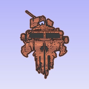 Könnte beinhalten: Ein rostiges braunes Schädel-Design mit einem Militärfahrzeug oben drauf. Das Fahrzeug hat einen Geschützturm und ist nach vorne gerichtet. Der Schädel ist ein Symbol für Tod und Gefahr.