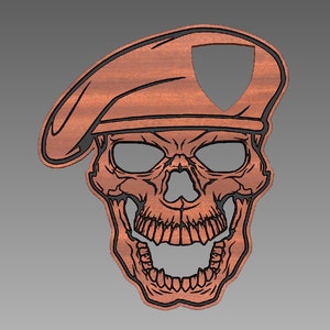 Militaire schedel plaquette met leger baret leger hoed leger cover plaque gesneden bestand (svg, dxf, crv, lbrn, c2d, png, pdf)