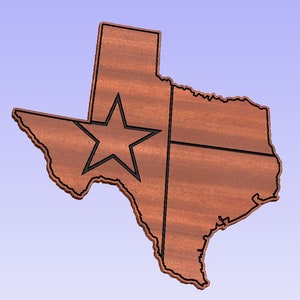 May include: A wooden cutout of the state of Texas with the Texas flag design. The star is black and the stripes are white on a brown wood background.