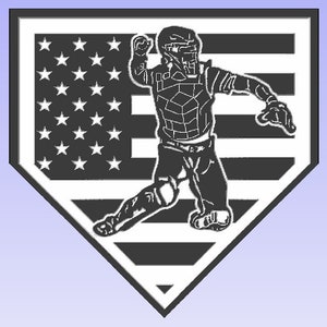 May include: A black and white illustration of a baseball catcher wearing a full catcher's gear, standing in a baseball diamond with an American flag in the background.