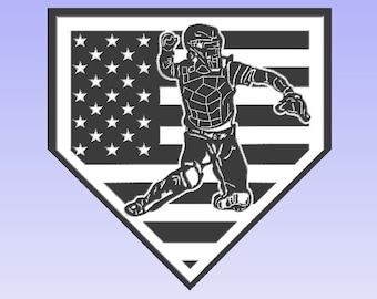 Baseball catcher American flag background with home plate outline (svg, dxf, crv, lbrn, c2d, png, pdf)