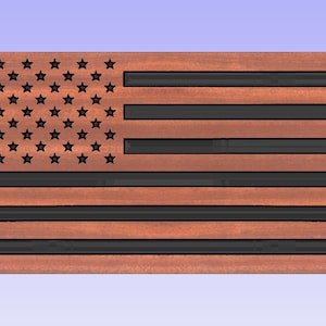 May include: Wooden American flag with a distressed finish. The flag features 50 black stars in the upper left corner and black stripes. The wood has a reddish-brown color.