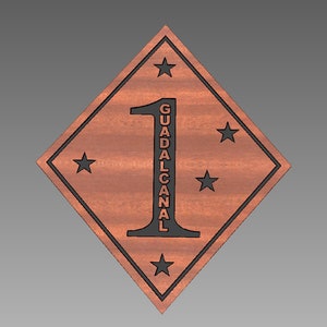 May include: A wooden diamond-shaped sign with a black border and black lettering. The sign features the number "1" and the text "GUADALCANAL" vertically along the side of the number. There are four black stars around the number.
