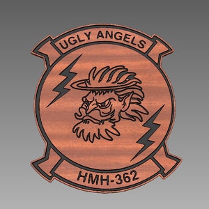 May include: A wooden plaque with a black and white image of a cartoon character with a lightning bolt and the text "Ugly Angels HMH-362".