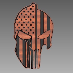 May include: A Spartan helmet silhouette with an American flag design. The helmet is black and red with white stars and stripes.