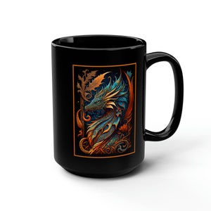 May include: Black ceramic coffee mug with a colorful dragon illustration in a gold frame. The dragon is blue, green, and orange with gold accents. The background is black.