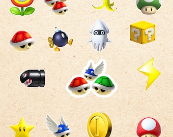 Mario Power-Ups Stickers - Mushrooms, Shells, Bananas, Coins - Fun Vinyl Decals