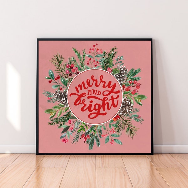 Christmas Merry and Bright, Pink Christmas Wall Decor Poster, Printable Wall Art, Instant Download Art K0001