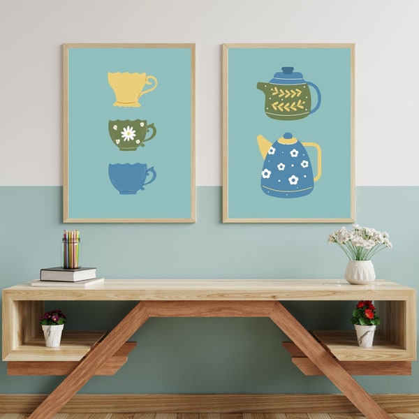 Kitchen Print Set of 2, Green Teapots Wall Art Print, Retro Tea Cups Art Poster, Printable Wall Art Decor, Instant Downloadable Art I0015