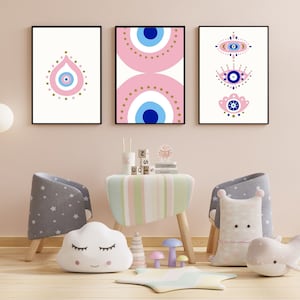 Conjunto de 3 impresiones de mal de ojo rosa, arte de pared de mal de ojo blanco rosa, conjunto de pared de galería, cartel de impresión de Nazar, protección para la habitación de la niña, arte de decoración U0015