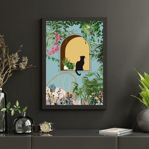 Black Cat Garden Art Print: Boho Plant Decor (Instant Download)