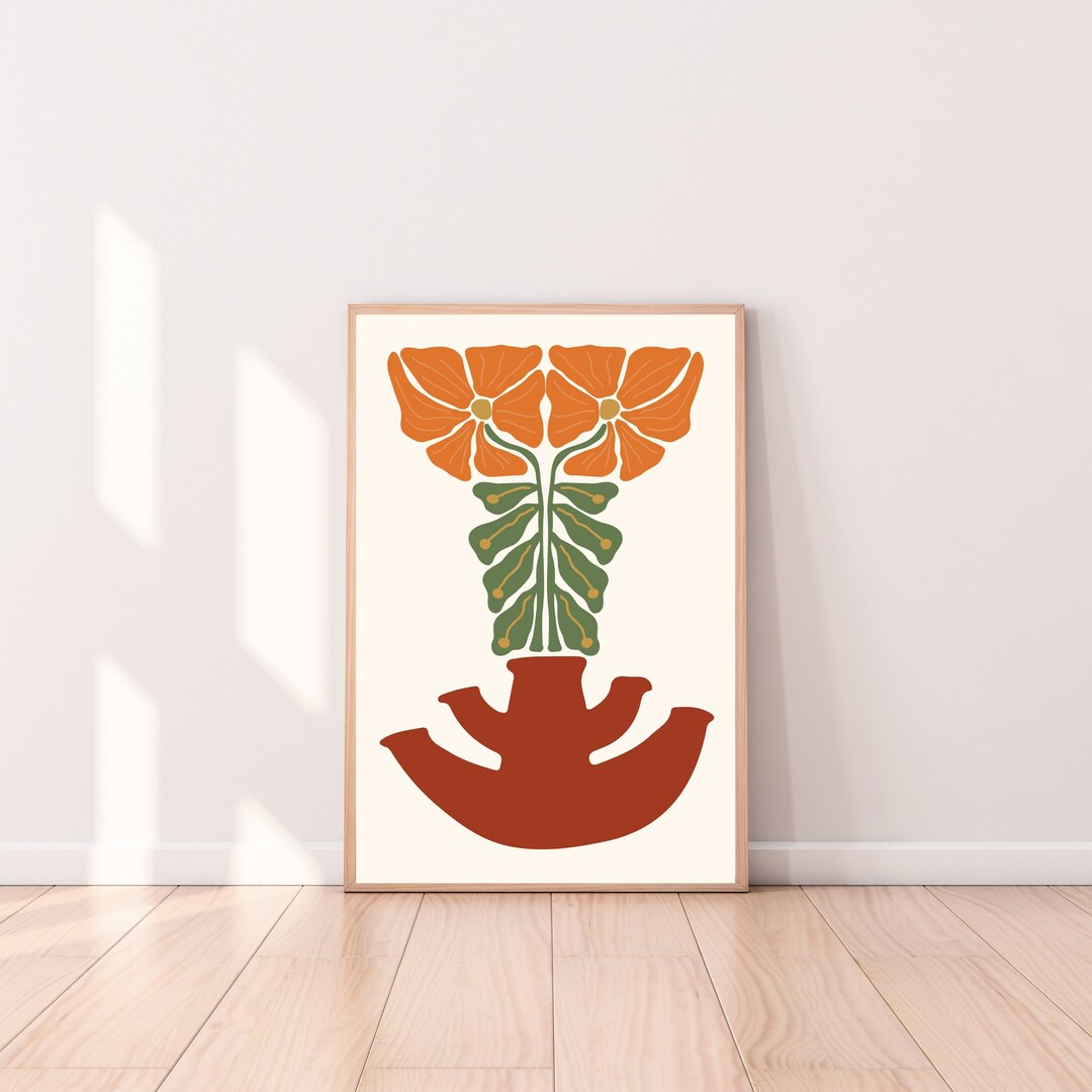 Abstract Orange Flowers and Vase Wall Art Print, Mid Century Modern ...