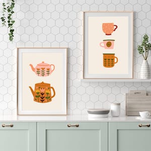 Retro Teapot & Cup Kitchen Print Set: Boho Wall Art (Digital Download)
