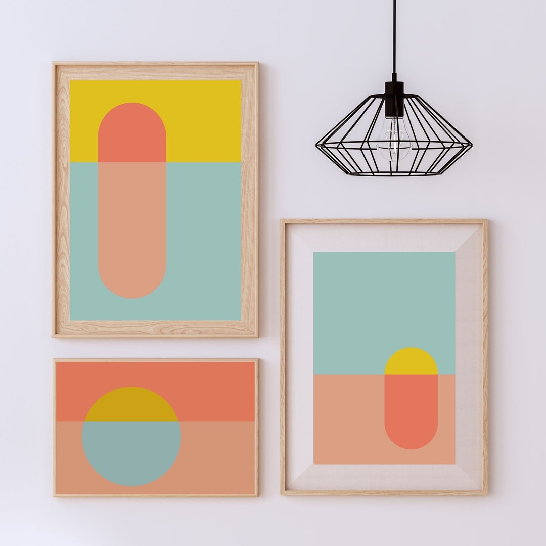 Abstract Sunset Wall Art Set, Geometric Mid Century Modern Prints ...