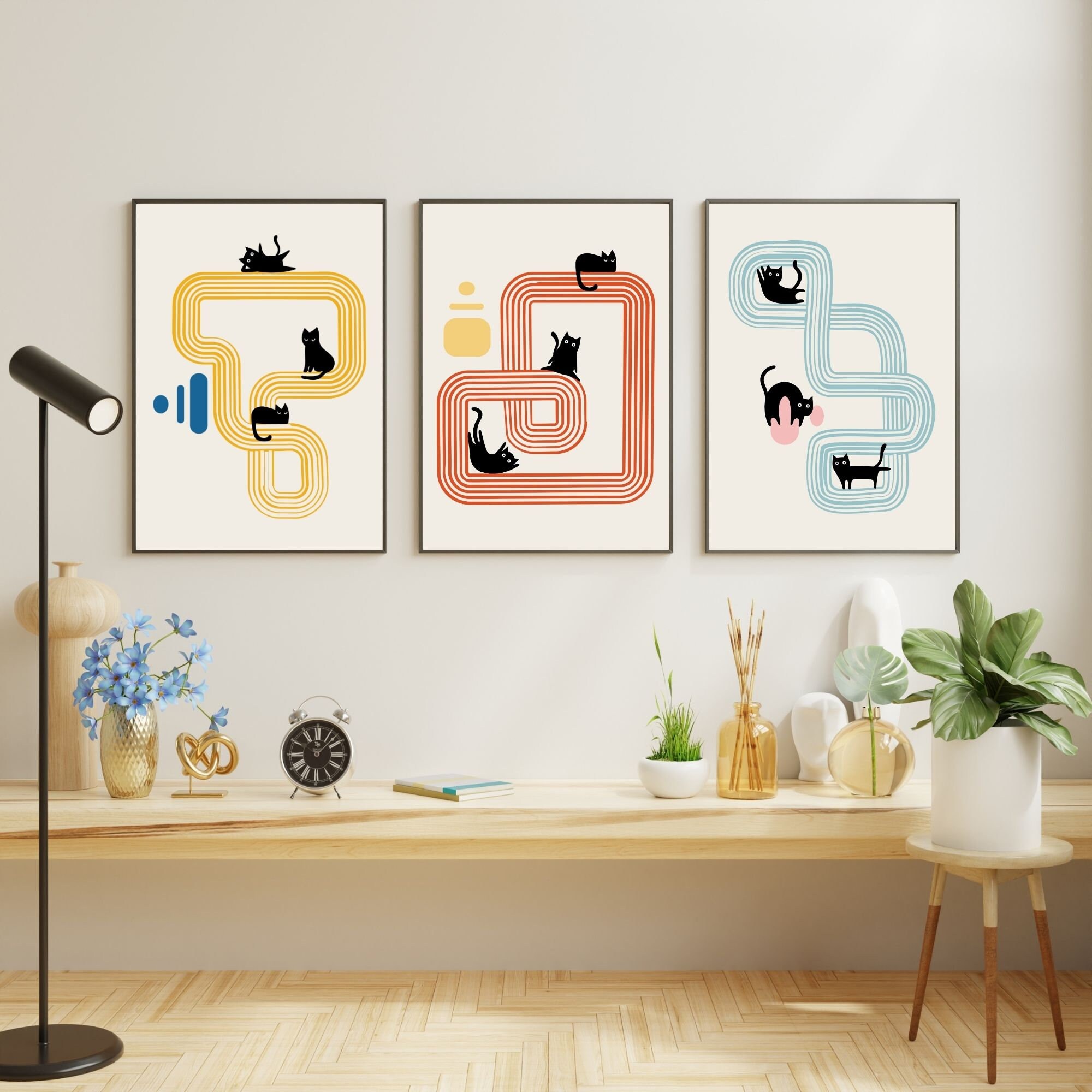 レトロな黒猫のアートプリント：愉快なミッドセンチュリーモダンセット