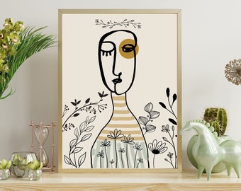 Abstract Flowered Girl Art Print: Beige Neutral Wall Decor (Digital Download)