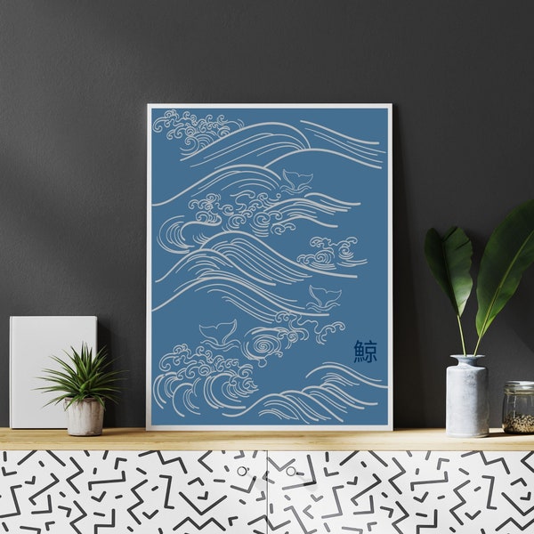Blue Zen Wall Art Print Poster, Sea and Whales Japanese Style Art Print, Zen Home Decor, Zen Art Printable, Instant Downloadable Art D0020