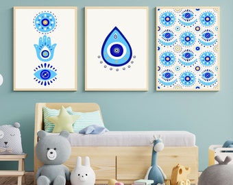 Evil Eye Set of 3 Wall Art, Blue Hamsa Hand Wall Art, Gallery Wall Set, Set of 3 Prints, Nazar Print Poster, Instant Download Art U0011