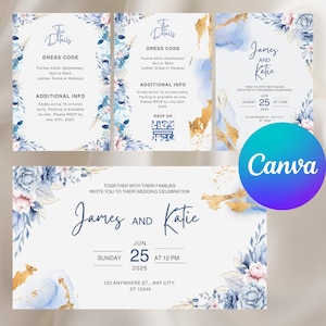 Royal Blue Floral Wedding Invitation – Editable & Printable Wedding Template with Blue Flowers