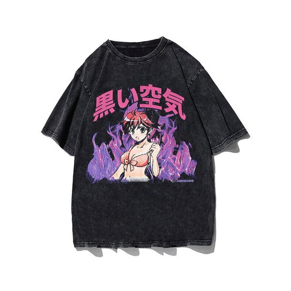 Anime Girl Grafik T-Shirt Grafik T-Shirt Acid Wash Vintage Oversized groß Baumwolle Retro Anime cooles Geschenk Skater Bootleg 2000s