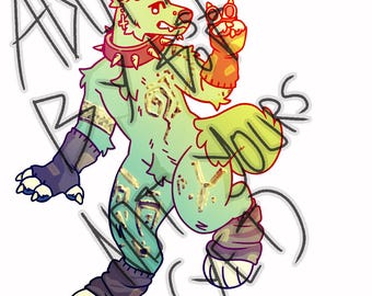 May include: A digital illustration of a stylized anthropomorphic canine character in shades of green, yellow, and red. The character has a red spiked collar, arm and leg wraps, and is holding up a hand with a red and orange glove. The image has the words "AND YOURS" in a semi-transparent font.
