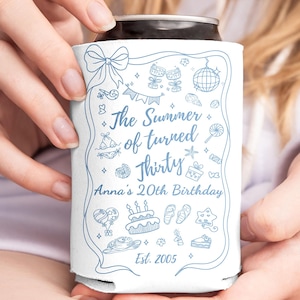 Custom The Summer I Turned Birthday Can Coolers, 20th, 30th, 40th Birthday Can Sleeves, Beach Coastal Can Coolers, Birthday Party Favors