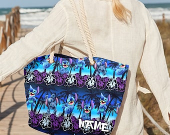 Personalize Stitch Beach Bag, Stitch Alien Movie Tote Bag, Stitch And Lilo All Over Print Beach Bag, Summer Vibe Tote Bag, Gift For Family