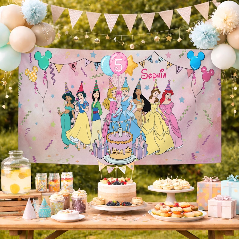 May include: A rectangular birthday banner featuring illustrations of seven princesses, a birthday cake, and the name Sophia with the number 5. The background is light pink with colorful confetti, balloons, and a string of triangular pennant flags.