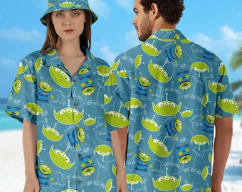 Animated Green Aliens Hawaiian Shirt, Toy Movie Hawaii Shirt, Toy And Friends Summer Beach Shirt, Cartoon Button Up 3D All Over Print Shirt