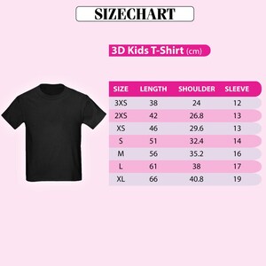 a 3D kids t-shirt size chart with a black t-shirt displayed next to the chart.