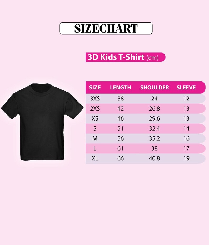a 3D kids t-shirt size chart with a black t-shirt displayed next to the chart.