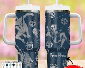 Custom Spider 40oz Tumbler, Superhero Characters Cup Gift, Cartoon Engraved Tumbler, Super Hero Handle Stainless Steel Reusable Tumbler