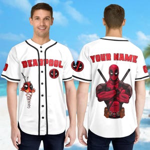 Personalized Deadpool Baseball Jersey, Superhero Baseball Jersey Shirt, Deadpool Jersey Team, Gift For Kid Adult, Magic Kingdom Shirt image 3