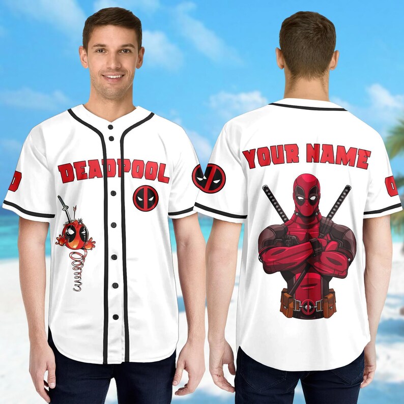 Personalized Deadpool Baseball Jersey, Superhero Baseball Jersey Shirt, Deadpool Jersey Team, Gift For Kid Adult, Magic Kingdom Shirt image 3