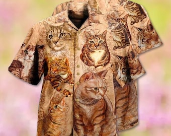 Cute Cat Hawaiian Shirt for Men Women, Summer Cat Aloha Button