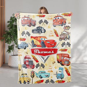 Personalized Cars Blanket, Custom Name Lightning Mcqueen Sally Tow Mater Cars Blanket, Cars Characters Birthday Blanket Gifts