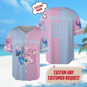 Personalized DN Stitch And Angel Baseball Jersey, Couple Lovers Shirt, Stitch And Angel Basketball Jersey, DN Cartoon Baseball Gift image 1
