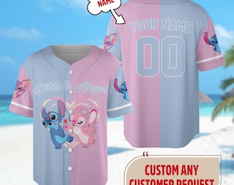 Personalized DN Stitch And Angel Baseball Jersey, Couple Lovers Shirt, Stitch And Angel Basketball Jersey, DN Cartoon Baseball Gift