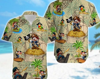 Mickey Mouse Hawaiian Shirt, Summer Vacation Hawaii Shirt, Aloha Button Up, Pirates of the Caribbean All Over Print Mouse Lover Tee