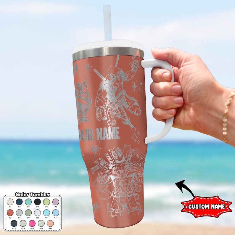 Custom Deadpool and Wolverine Tumbler, Deadpool 40oz Engraved Tumbler, Wolverine Cartoon Cup, Magic Kingdom Handle Stainless Steel Tumbler image 3