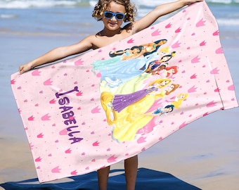 Personalized Princess Beach Towel, Characters Towel, Magic World Summer Vacation Gift, Princess Beach Towel, Princess Cruise Beach Towel