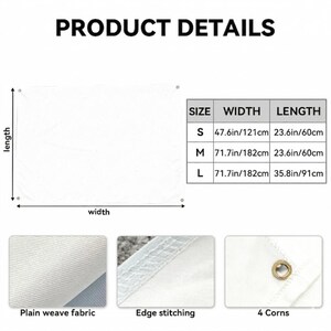 K&ouml;nnte beinhalten: Ein wei&szlig;es rechteckiges Stoffbanner mit Metall&ouml;sen an den vier Ecken. Eine Gr&ouml;&szlig;entabelle zeigt Ma&szlig;e in cm: S 121cm mal 60cm, M 182cm mal 60cm, L 182cm mal 91cm. Merkmale sind ein Leinwandgewebe und eine Randnaht an den Kanten des Stoffes.